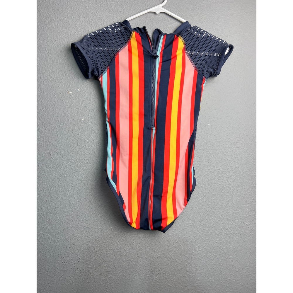 Multicolor Striped Short Sleeve Mesh One Piece Swimsuit Back Zip Sporty Retro